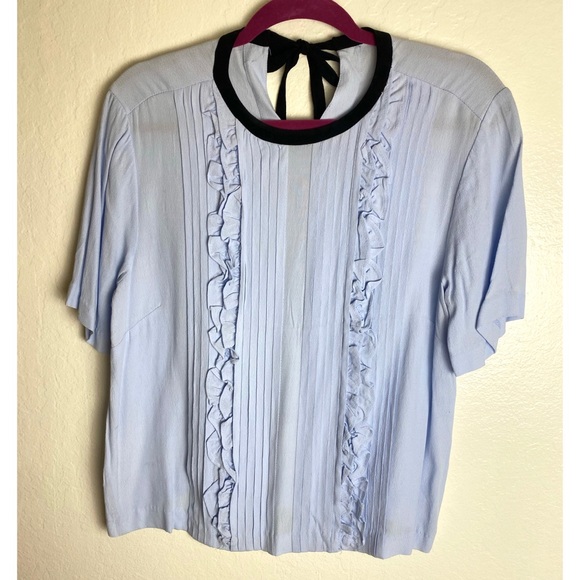 Light Blue Pleated Ruffle Shirt With Black Trim And Bow - Picture 1 of 2